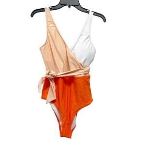Cupshe Women's Bowknot Bathing Suit Padded One Piece Swimsuit Orange White Small